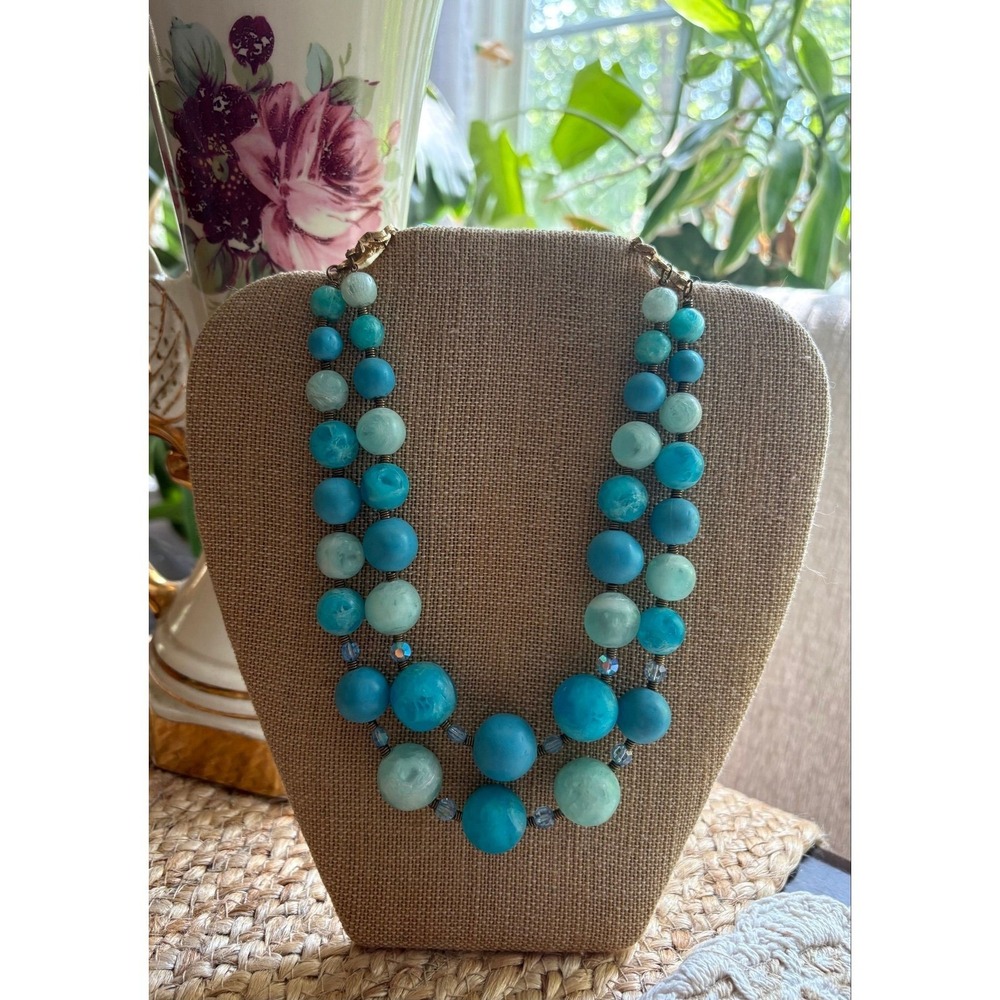 Vintage Blue Lucite & AB Crystal Double-Strand Necklace
